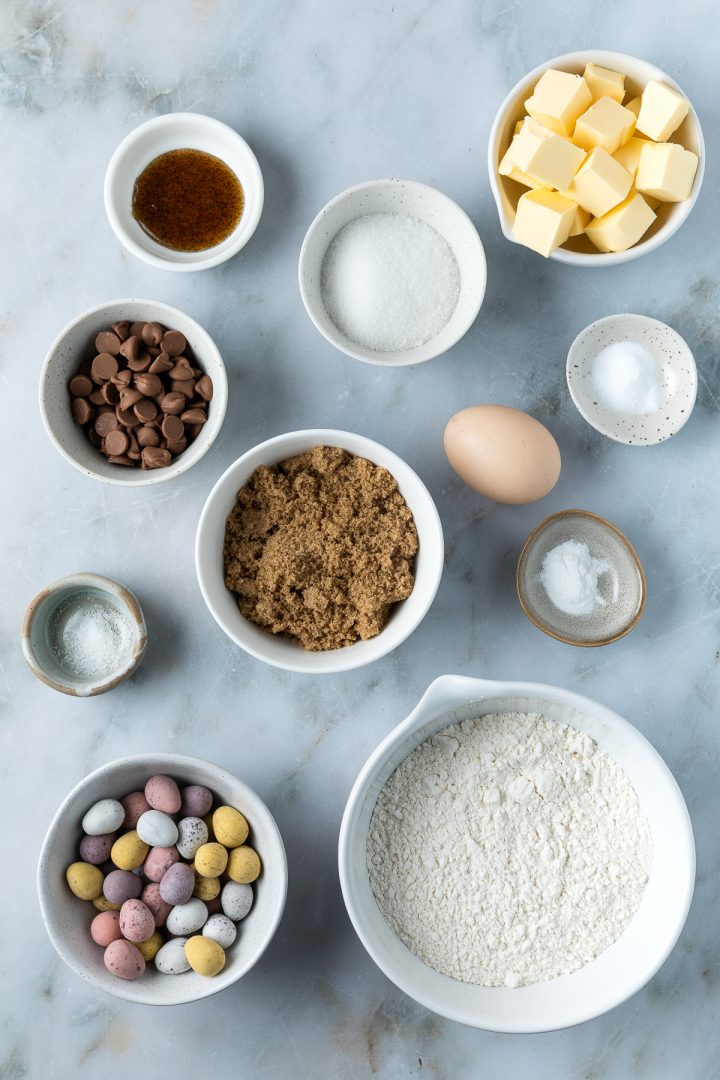 Ingredients needed to make the cookies weighed out and placed in individual bowls.