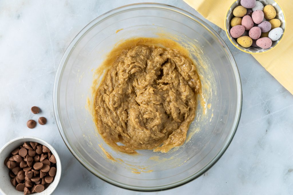 An egg beaten in to the sugar-butter mixture.