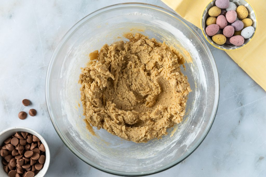 The cookie dough once the flour is mixed in.