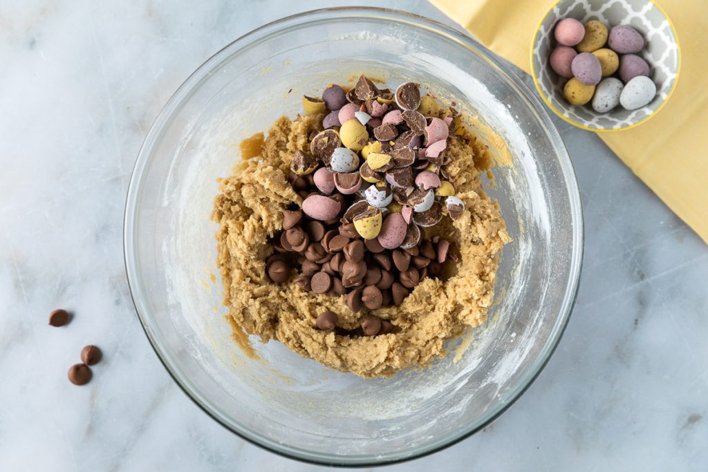 Mini eggs and chocolate chips added to the cookie dough.