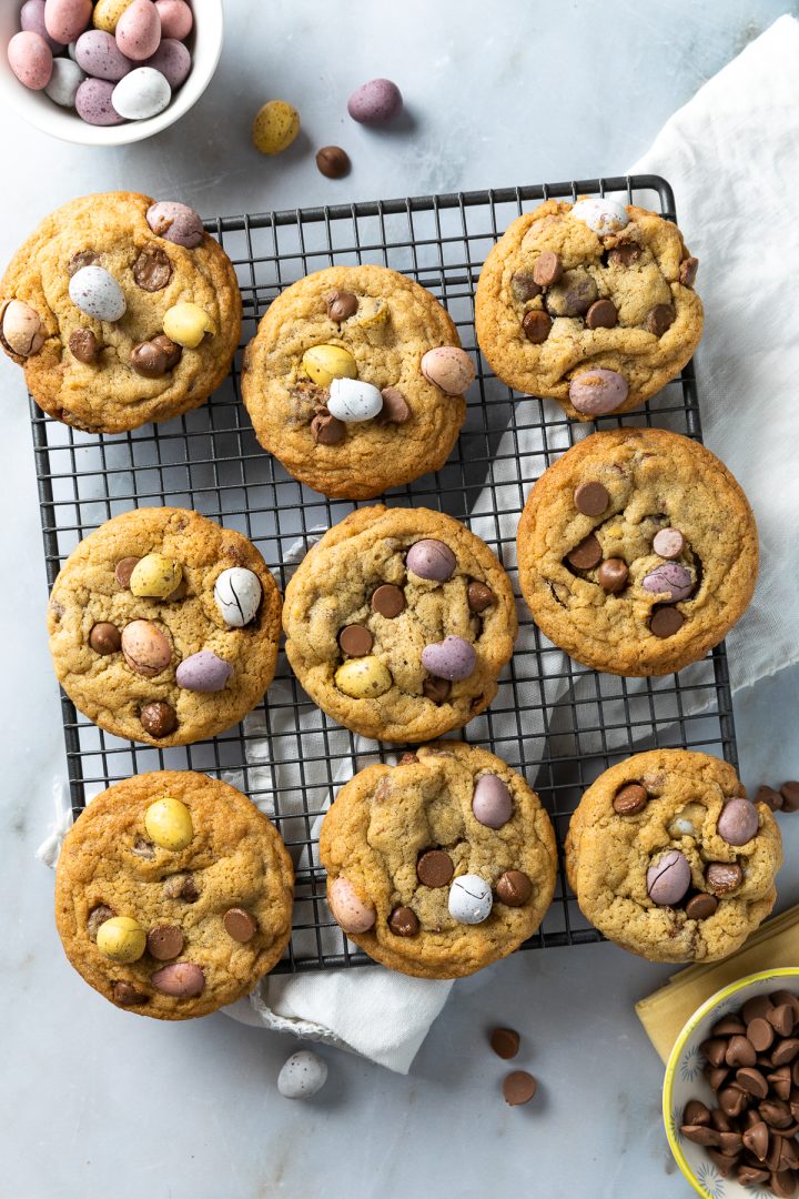 Easter mini egg cookies on a wire cooling rack.