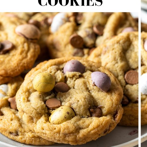 Close up of mini egg cookies with text overlay to create a pin for Pinterest.
