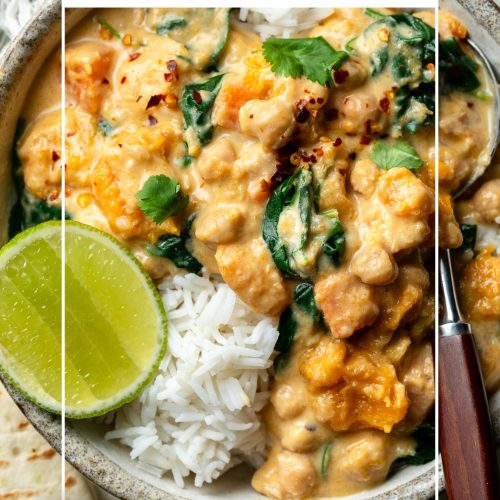 Close up of pumpkin curry served with rice and lime, with a text overlay to create a pin for Pinterest.