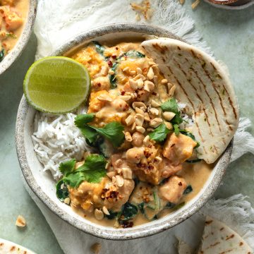 A bowl of satay and pumpkin curry served with rice.