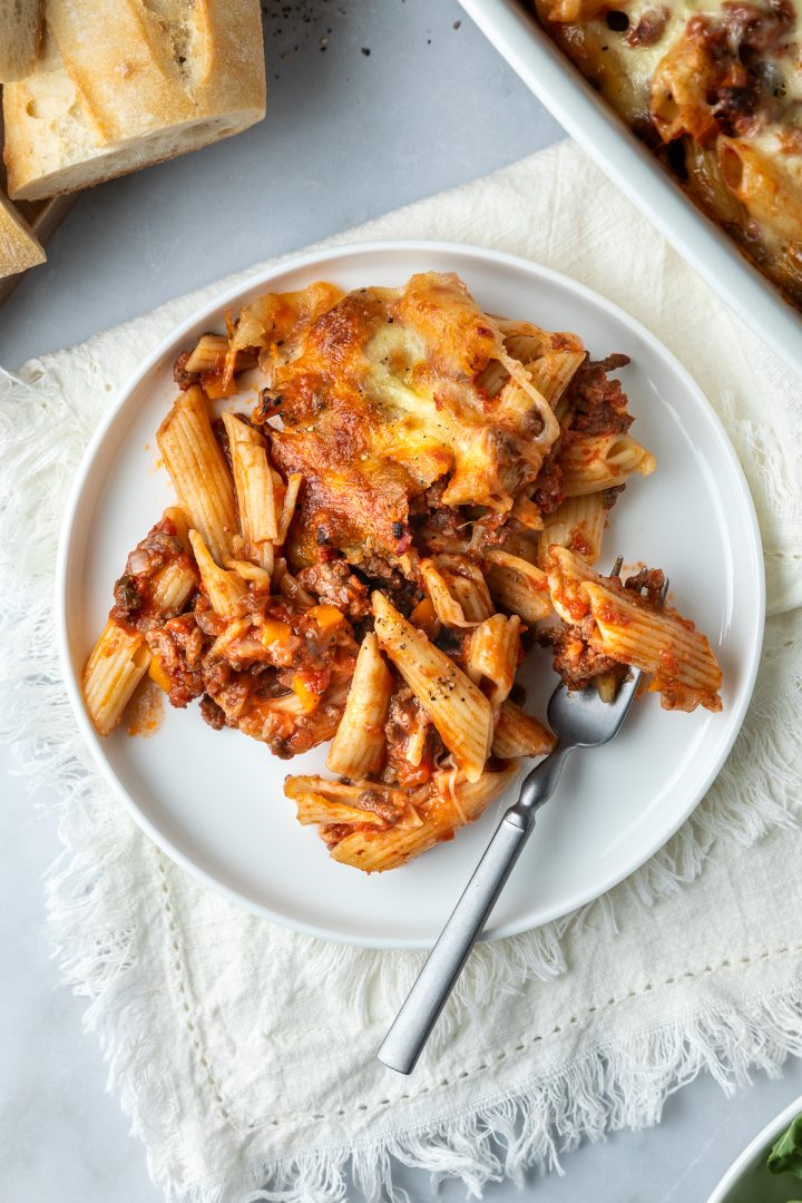 A serving of the beef pasta bake on a plate.
