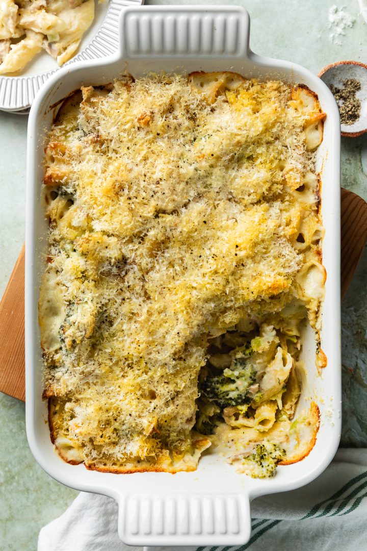 The baked tuna mornay pasta bake topped with golden breadcrumbs.