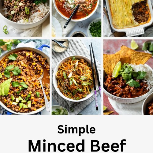 A collage of 6 minced beef recipes, with text overlay to create a pin for Pinterest.