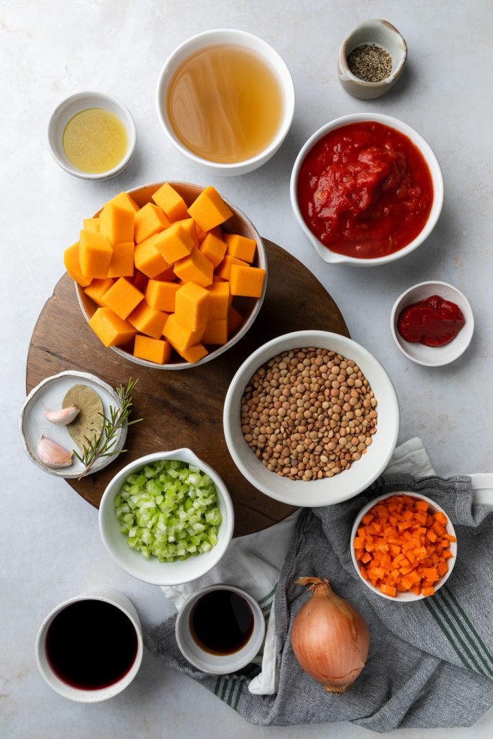 The ingredients needed to make the ragu weighed out and placed in individual bowls.