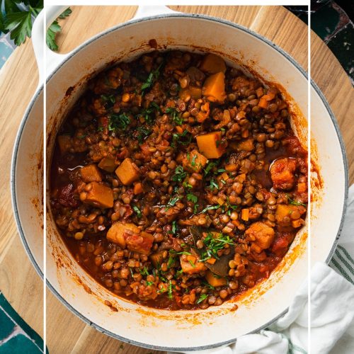 A pan of lentil ragu with text overlay to create a pin for Pinterest.