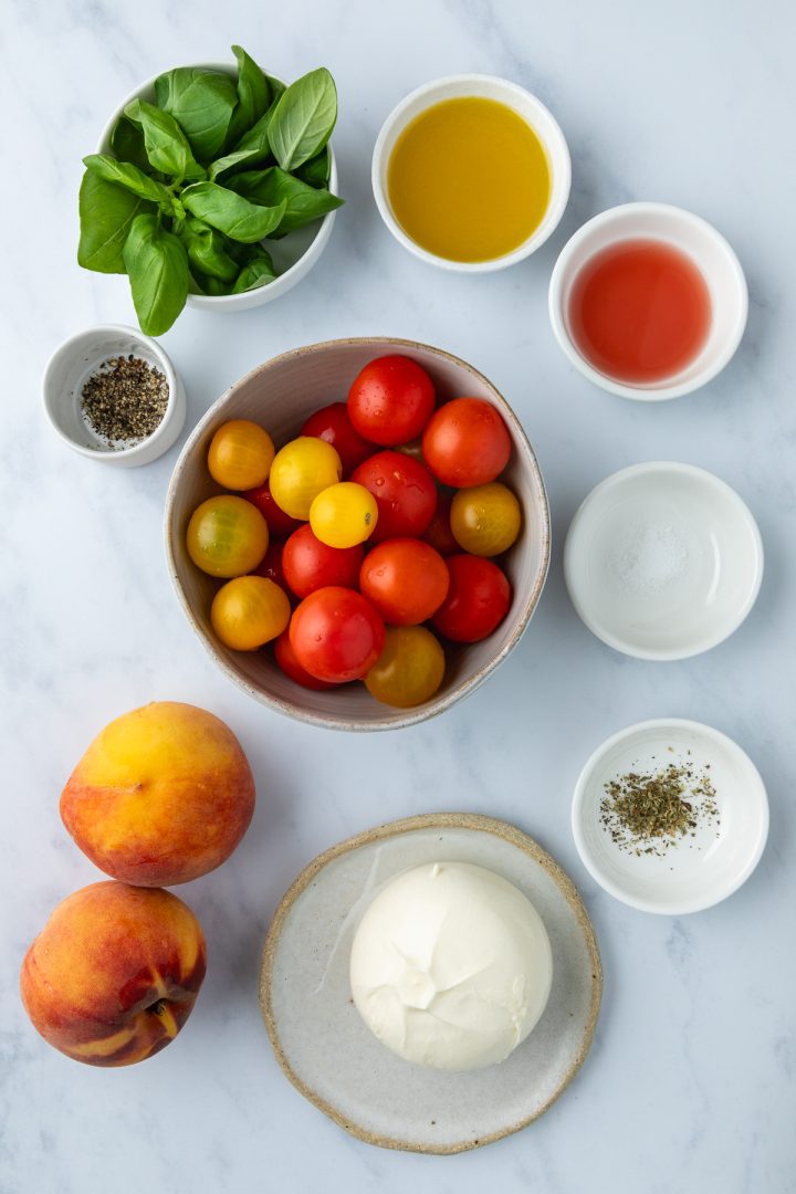 The ingredients needed to make the salad weighed out and placed in individual bowls.