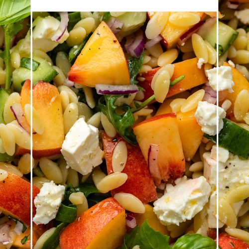 Close up of the peach orzo salad with a text overlay to create a pin for Pinterest.