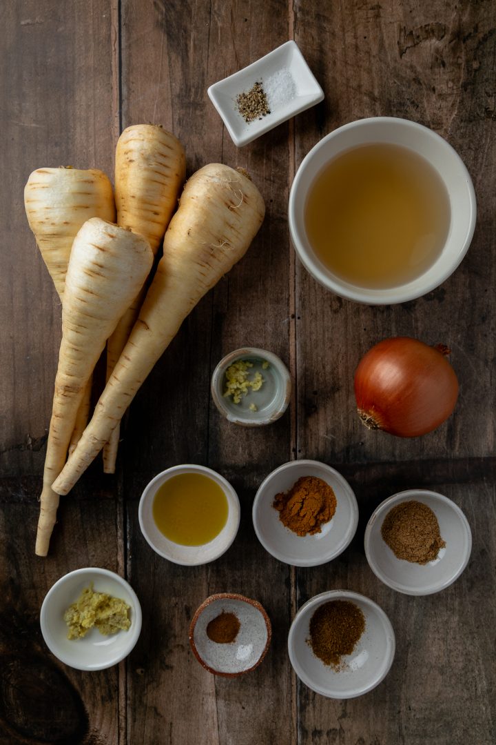 The ingredients needed to make the soup weighed out and measured.