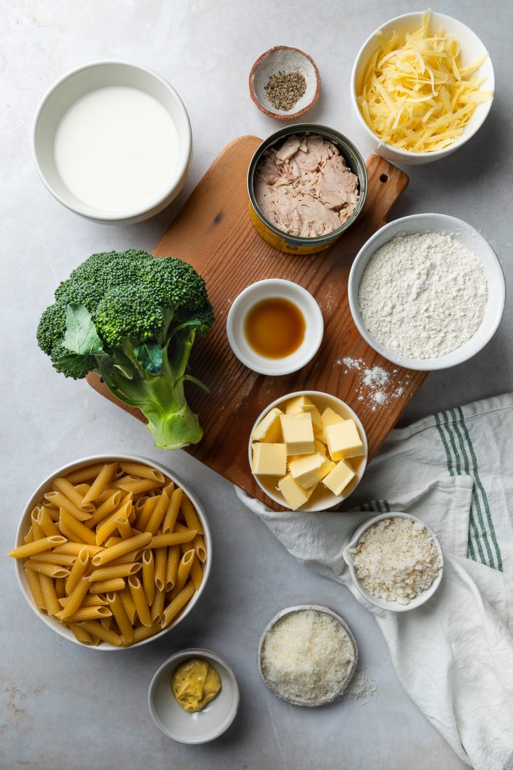 Ingredients needed to make the recipe weighed out and placed in individual bowls.
