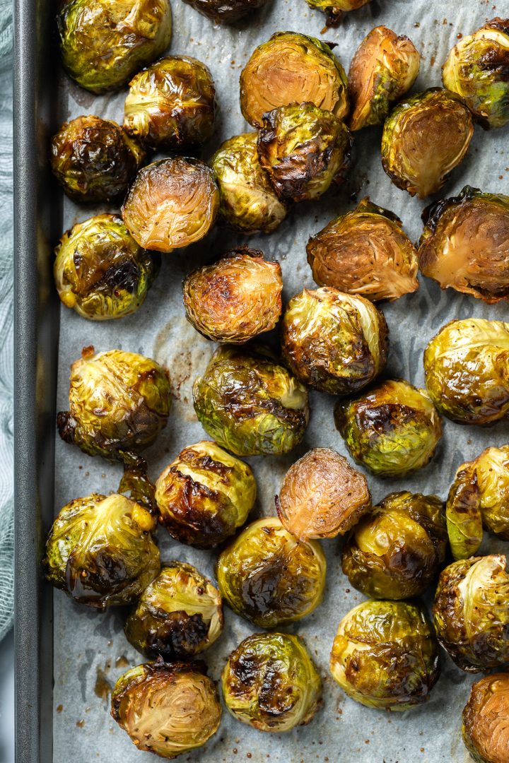 Roasted Brussels sprouts on a tray.