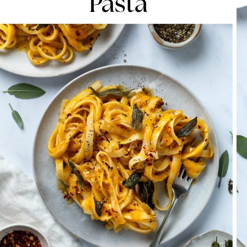 A plate of butternut pumpkin pasta topped with crispy sage, with a text overlay to create a pin for Pinterest.