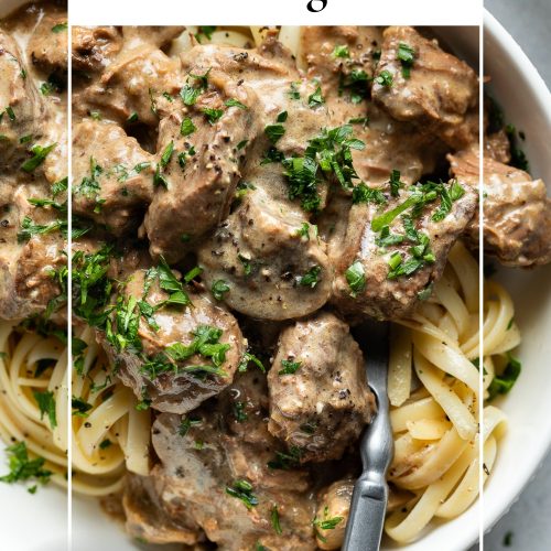 A bowl of slow cooker beef stroganoff served on pasta with a text overlay to create a pin for Pinterest.