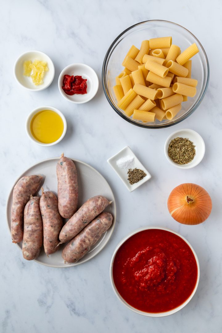 The ingredients needed to make the pasta recipe weighed out and placed in individual bowls.