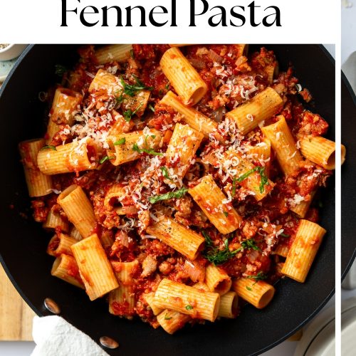 A pan of sausage pasta in a fennel and tomato sauce topped with grated parmesan cheese.