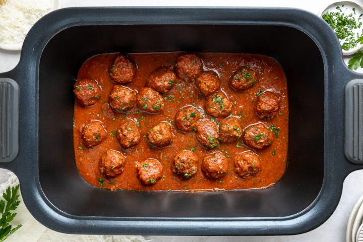 Slow cooker Italian meatballs in the slow cooker.