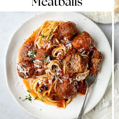 A plate of slow cooked meatballs and spaghetti with text overlay to create a pin for Pinterest.