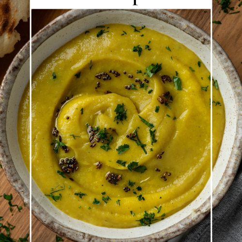 A bowl of spiced parsnip soup sprinkled with coriander with a text overlay to create a pin for Pinterest.
