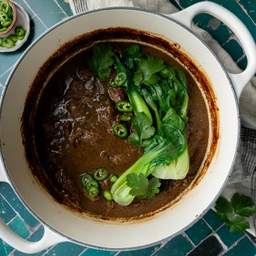 A pot of Asian beef stew topped with bok choy and coriander.