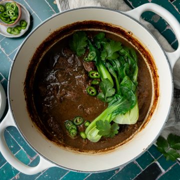 Beef stew in a Dutch oven, topped with fresh coriander and Asian greens.