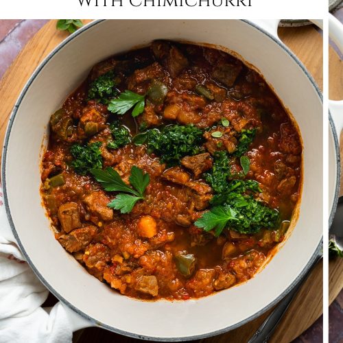 A pan of beef and butternut stew with text overlay to create a pin for Pinterest.