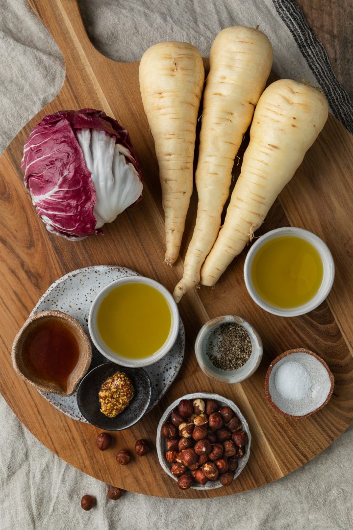 Ingredients needed to make the parsnip salad.