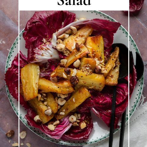 A bowl of radicchio salad with text overlay to create a pin for Pinterest.