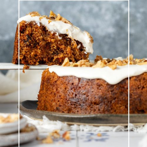 Side view of a slice of carrot cake being held up with a cake slice.