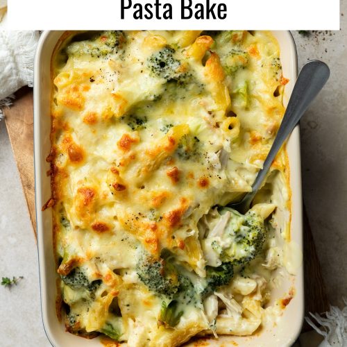 A dish of chicken and broccoli pasta bake with text overlay to create a pin for Pinterest.