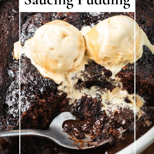 Close up of a self saucing pudding served with ice cream, with a text overlay to create a pin for Pinterest.