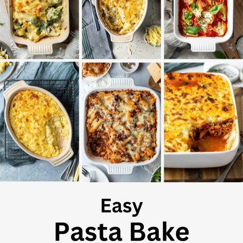 Six images of pasta bakes with 'easy pasta recipes' written underneath to make a pin for Pinterest.