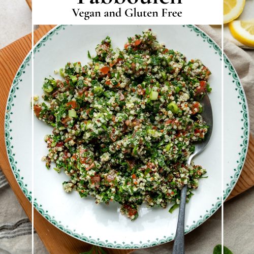 A plate of quinoa tabbouleh with a text overlay to create a pin for Pinterest.