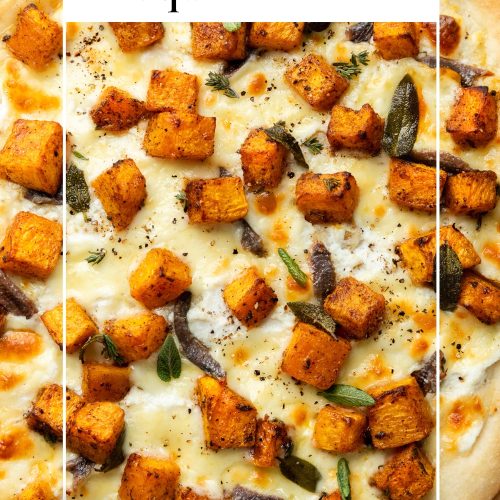 Roasted butternut squash pizza close up, with a text overlay to create a pin for Pinterest.