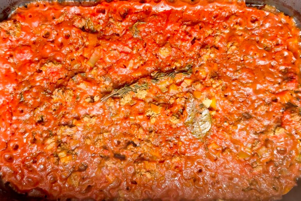 The slow cooked bolognese in the slow cooker.