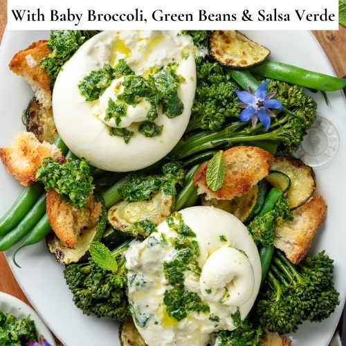 Burrata salad with a text overlay to create a pin for Pinterest.