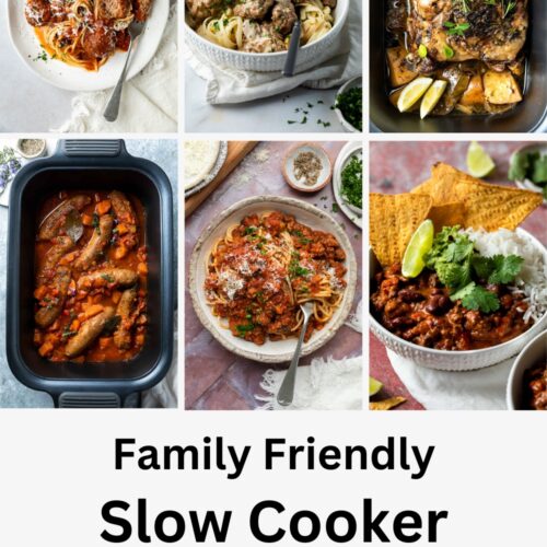 A collage of 6 slow cooker recipes with text to make a pin for Pinterest.