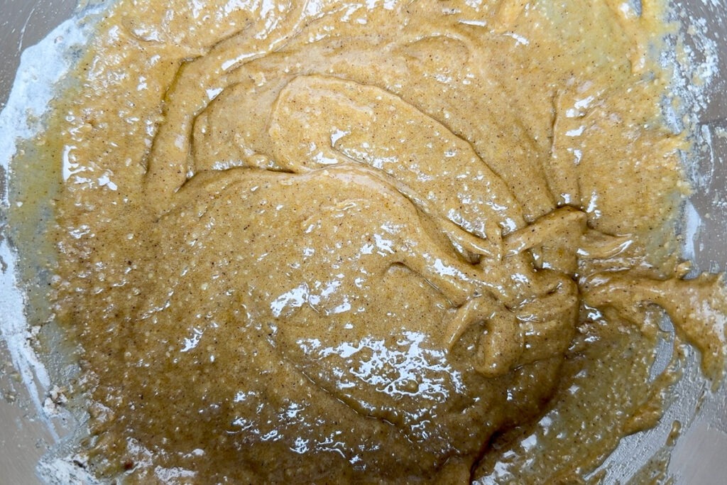 The cake batter after the dry ingredients are added.