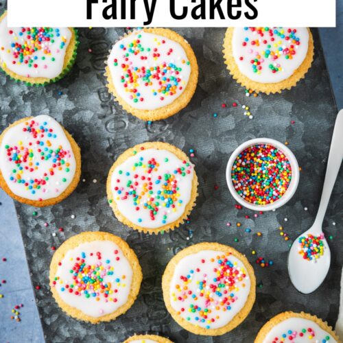 Iced fairy cakes with text overlay to create a pin for Pinterest.