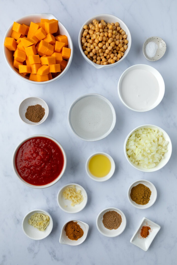 Ingredients needed to make the recipe weighed out and placed in individual bowls.