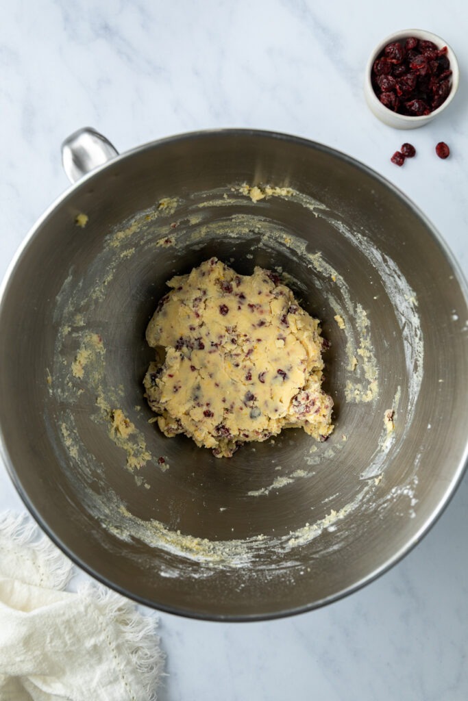 The mixed dough in the bowl of a stand mixer.