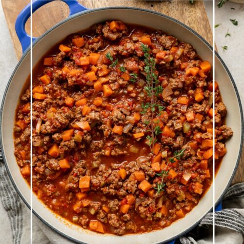 A pan of savoury mince with text overlay to create a pin for Pinterest.