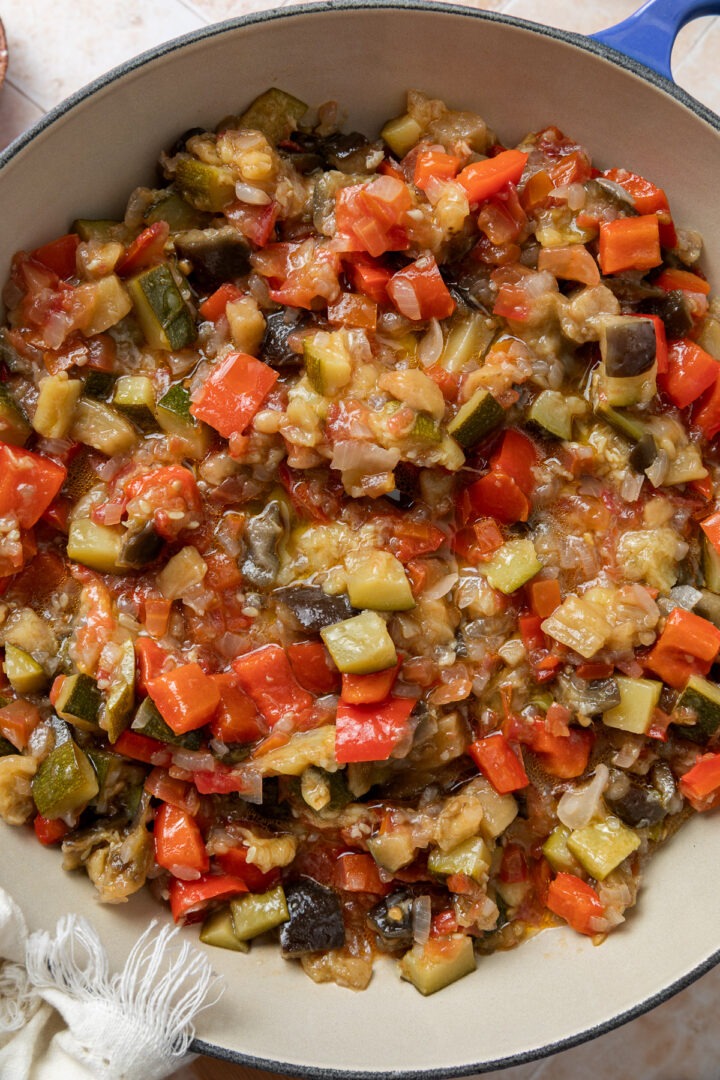 Close up of the cooked vegetables in the saucepan.