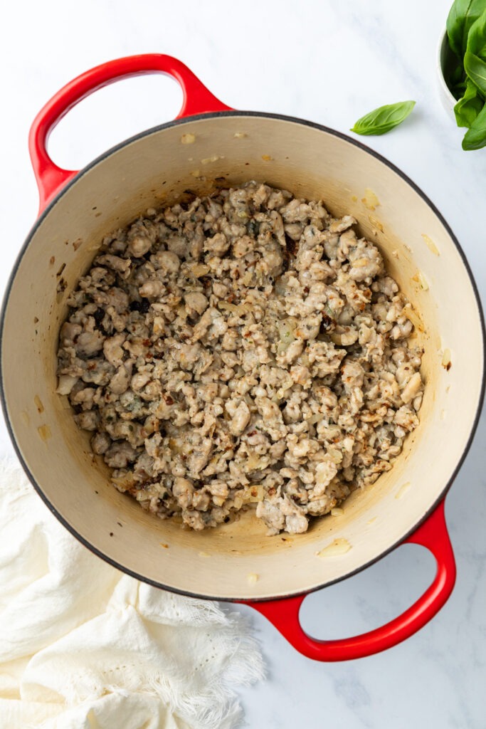 A pan of the browned sausage meat.