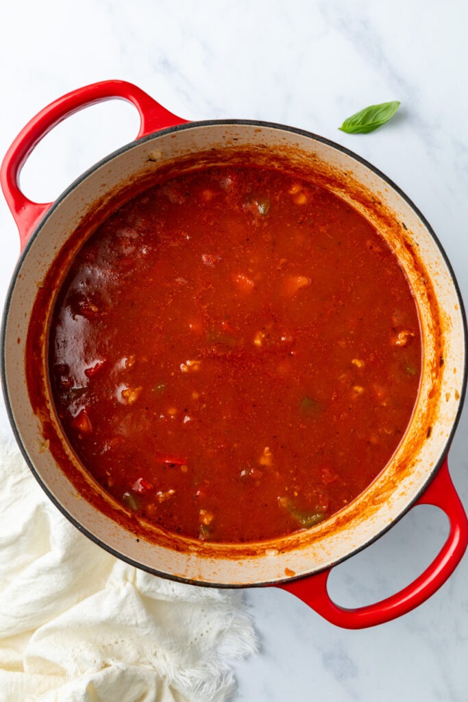 A pan of the rich tomato sauce.