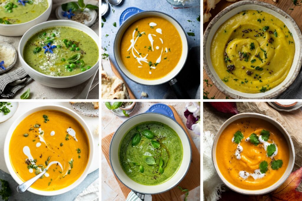 A collage of six soup images, all gluten-free recipes.
