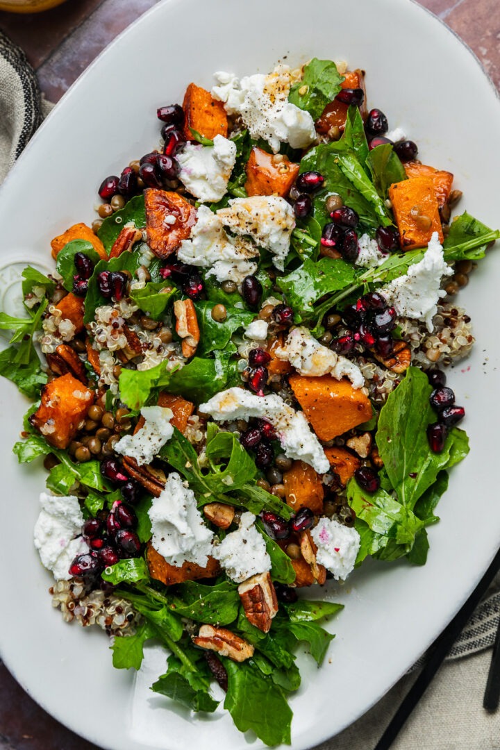 Close up of the roast pumpkin, goats cheese and quinoa salad.