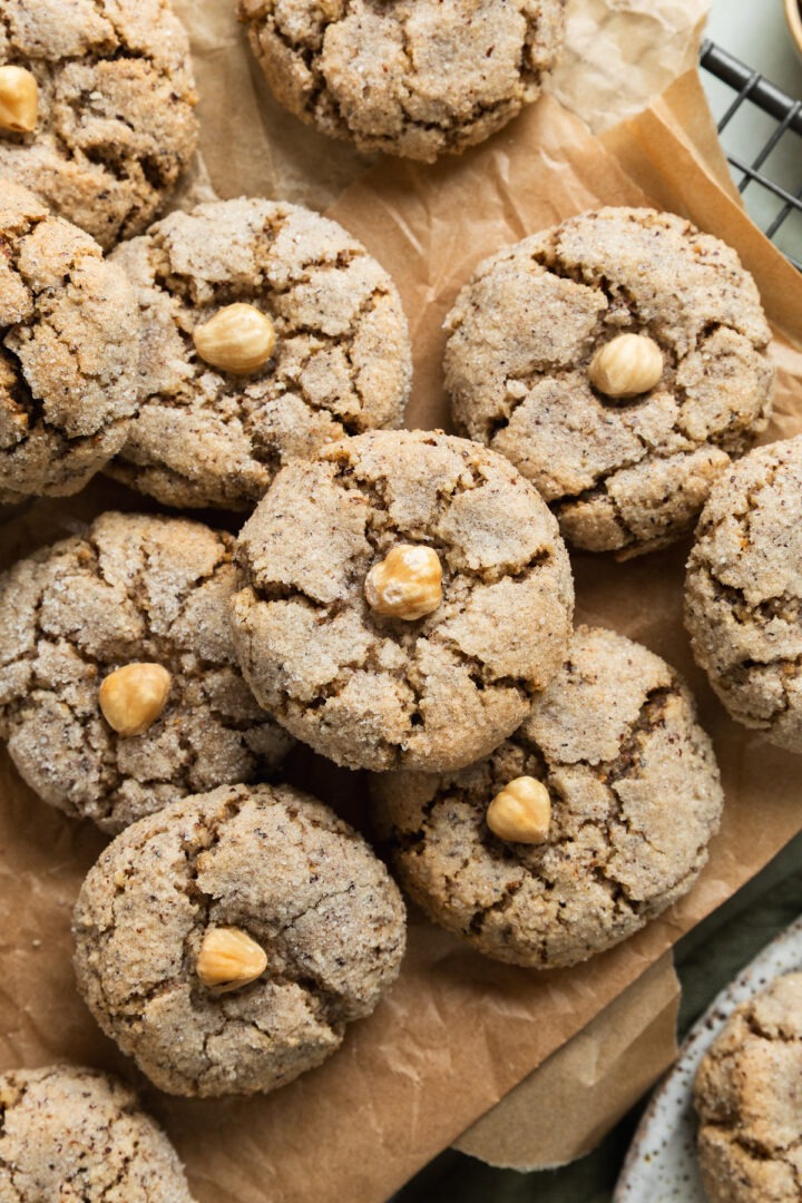 Close up of homemade hazelnut cookies on a cooling rack.